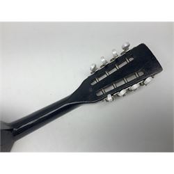 French mandolin with segmented lute back and mother-of-pearl inlaid spruce top; bears label for 'Jerome Thibouville-Lamy & Cie Paris L60cm; and another unmarked flat-back mandolin; both for completion (2)