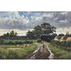 Amos Watmough (British fl.1884-1912): 'Homeward Bound', oil on canvas signed, titled and with 1951 City of Bradford Cartwright Memorial Hall - Bradford Artists Exhibition label verso 23.5cm x 34.5cm 