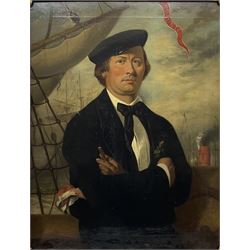 Thomas Joseph Banks (British 1828-1896): Sea Captain and his Wife - half length portraits, pair oils on canvas signed and one dated 1860, 90cm x 70cm (2) 
Notes: the ensign flying above the Captain's head appears to read Endaunted but may refer to the famous 'Undaunted' which was broken up in 1860