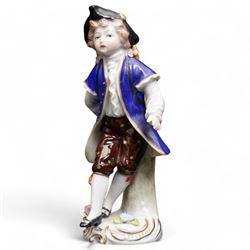 Group of Sitzendorf porcelain figures, one modelled as two children with birds and lambs, the others holding and offering flowers, each upon gilt detailed base, with painted marks beneath (4)