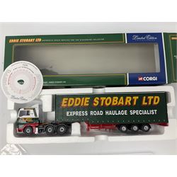 Corgi Eddie Stobart - three limited edition lorries; CC12936 Sight & Sounds Scania Topline Curtainside Trailer; CC13812 Hauliers of Renown Mercedes-Benz Actros Curtainside Knauf; and CC13405 MAN TGA XL Step Frame Curtainside Trailer; all boxed (3)