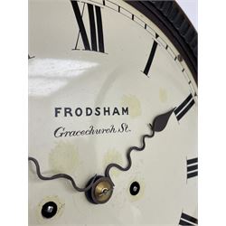 Frodsham of London - 8-day chain driven twin fusee wall clock in a mahogany case c1870, veneered case inlaid with brass stringing and motifs, shaped earpieces and chisel shaped base with pendulum adjustment door, 10” painted steel dial with Roman numerals, minute track and blued serpentine steel hands, dial inscribed Frodsham, Gracechurch Street, London, chain fusee, five-pillar, rack striking movement striking the hours on a cast bell. With pendulum.
H65 W34 D18
George Edward Frodsham, son of John Frodsham is recorded as working in Gracechurch Street, London 1869-79. Succeeded to Frodsham & Baker
