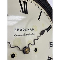 Frodsham of London - 8-day chain driven twin fusee wall clock in a mahogany case c1870, veneered case inlaid with brass stringing and motifs, shaped earpieces and chisel shaped base with pendulum adjustment door, 10” painted steel dial with Roman numerals, minute track and blued serpentine steel hands, dial inscribed Frodsham, Gracechurch Street, London, chain fusee, five-pillar, rack striking movement striking the hours on a cast bell. With pendulum.
H65 W34 D18
George Edward Frodsham, son of John Frodsham is recorded as working in Gracechurch Street, London 1869-79. Succeeded to Frodsham & Baker
