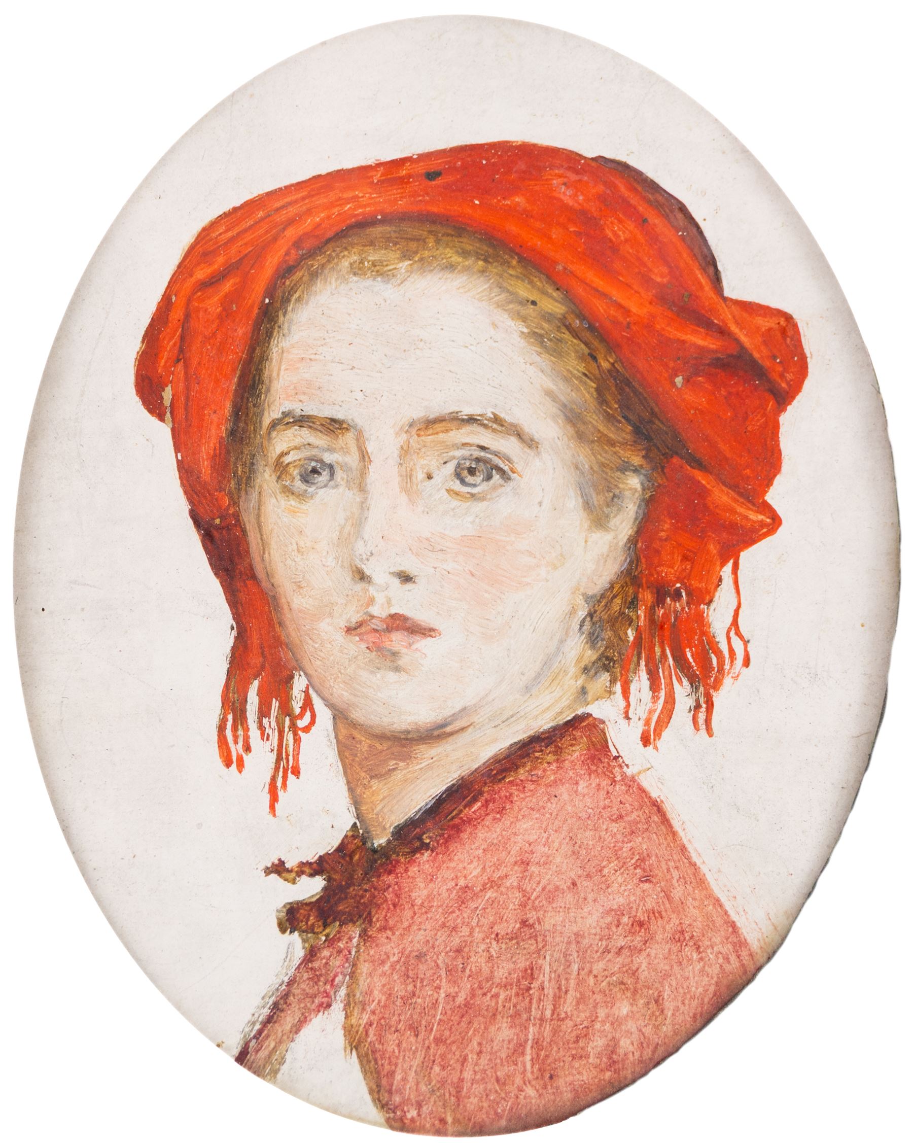 English School (19th Century): Portrait of a Girl with Red Head Covering, oval oil on board unsigned 17cm x 13cm 