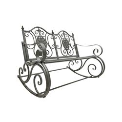 Regency design wrought metal rocking garden bench seat, pierced back with scroll design over strap seat, with C-scroll back supports, in antique grey finish
