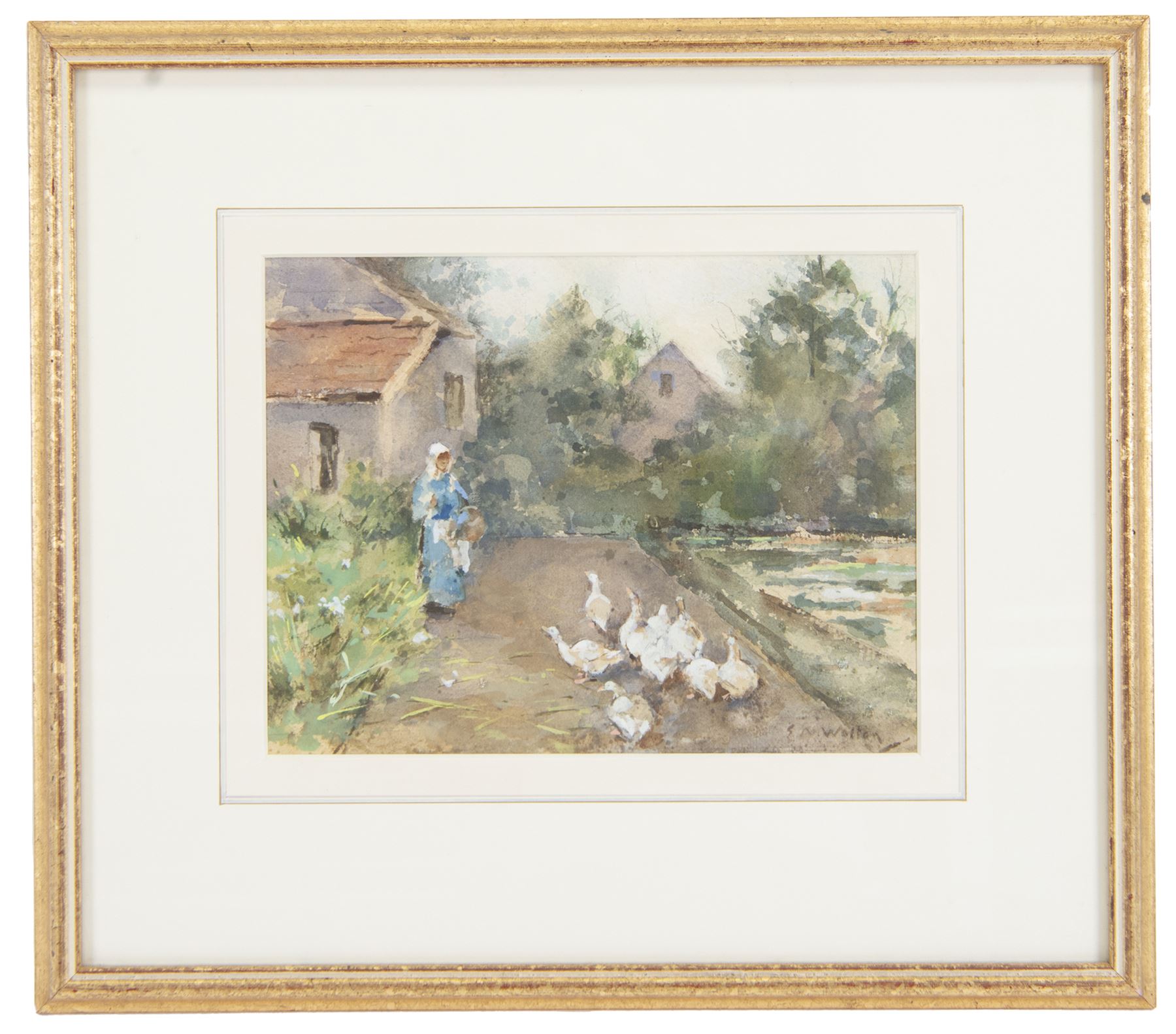 Edward Arthur Walton (Scottish 1860-1922): Girl Feeding the Ducks, watercolour heightened with white signed 20cm x 27cm 