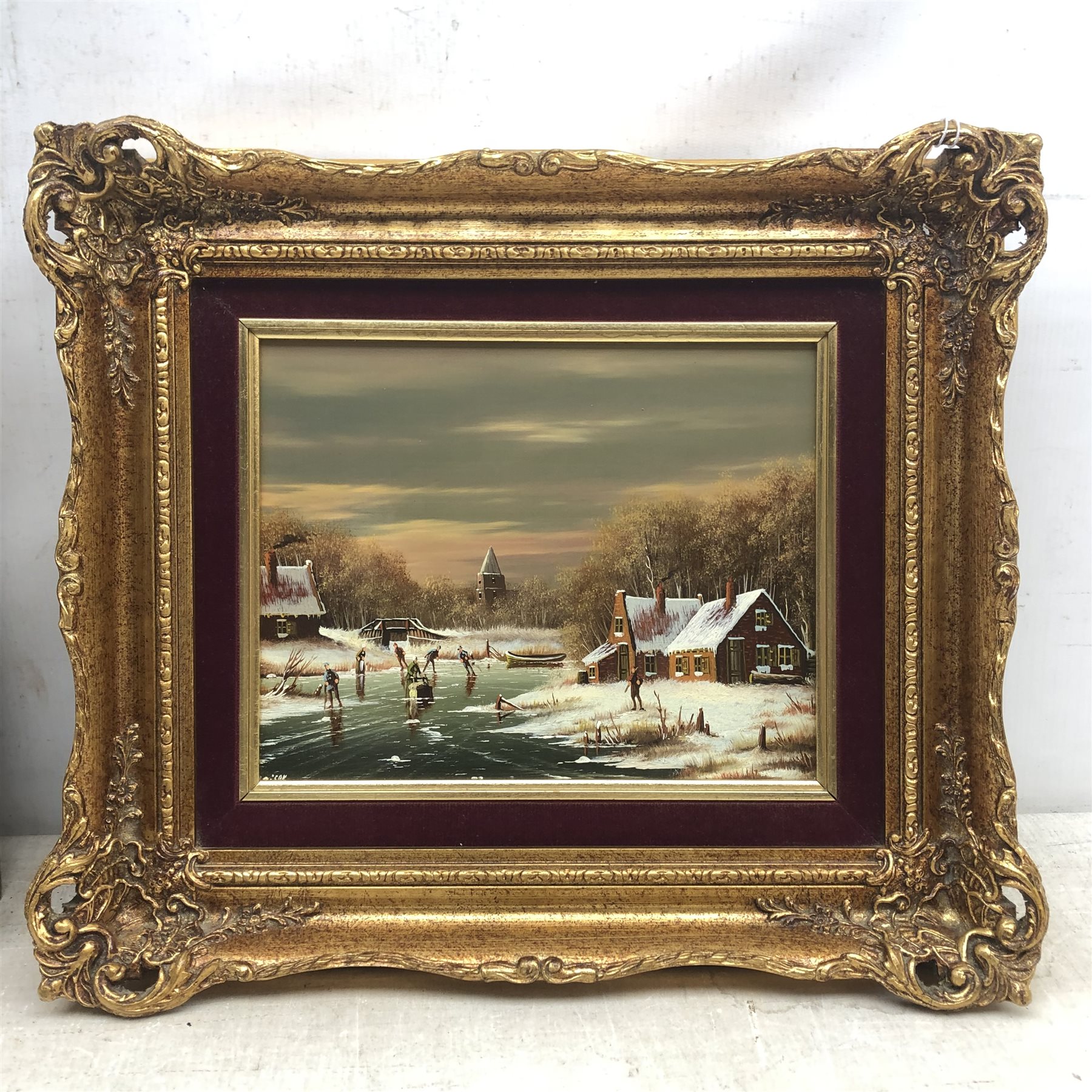 Johannes Kaiser (Dutch 1928-): Figures Skating, oil on panel signed 18cm x 24cm