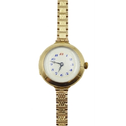 Early 20th century Swiss 18ct gold wristwatch, the manual wind movement stamped 'Peerless', case by Stauffer, Son & Co, London import marks, on 9ct gold strap hallmarked