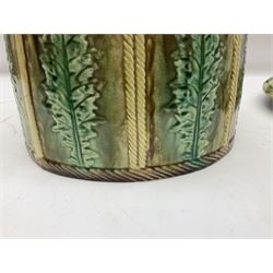 Victorian Majolica cheese dome and dish, decorated with a band of stiff leaf pattern in the Whieldon type pallet, H30cm