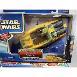 Star wars - Attack of the Clones - Jango Fett Slave 1; Obi-Wan Kenobi's Jedi Starfighter; Reek Arena Battle Beast; Acklay Arena Battle Beast; two x Anakin Skywalker Speeder; and Zam Wesell Speeder; all in sealed boxes (7)