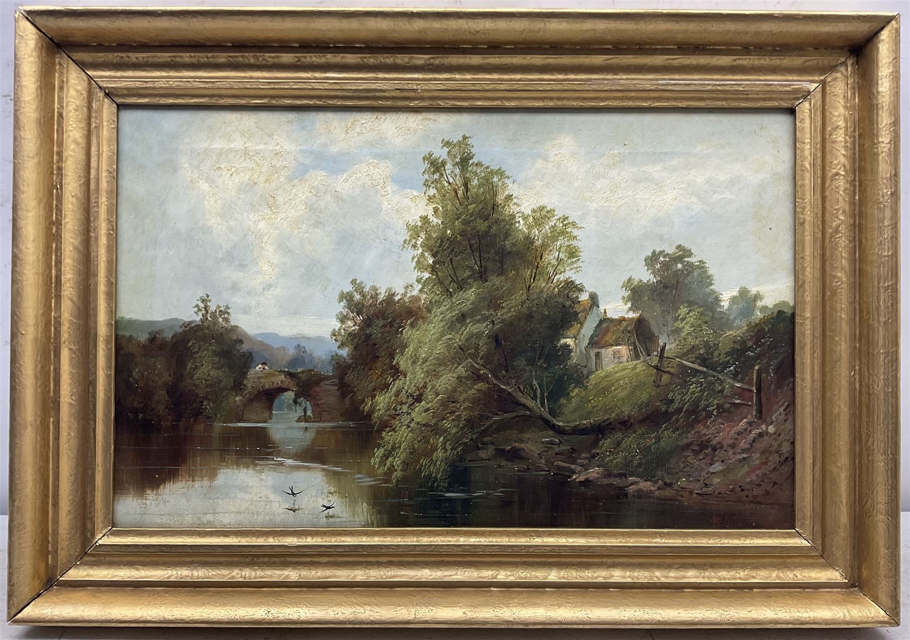 William Gilbert Foster (Staithes Group 1855-1906): River Landscape with Stone Bridge, oil on canvas signed 34cm x 54cm