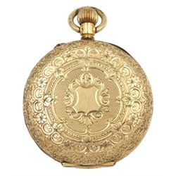 Early 20th century 14ct gold open face ladies keyless cylinder fob watch stamped 14K, No. 7898, gilt dial with Roman numerals, back case with engraved and engine turned decoration and central cartouche, in velvet and silk lined case
