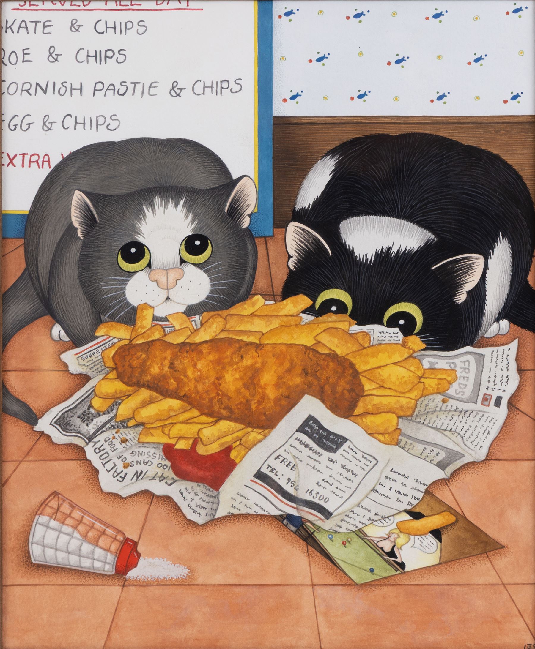Linda Jane Smith (British 1962-): Fish and Chips for Supper!, gouache signed with initials, Halcyon Gallery label verso 29.5cm x 24cm 