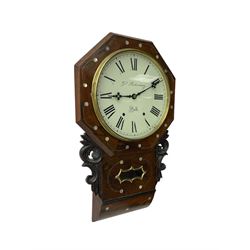 George Pickering of Hull - 8-day American mahogany and mother of pearl inlaid drop dial wall clock c 1880, with an octagonal dial surround and spun brass bezel, painted dial with Roman numerals, minute track, retailers name and Maltese cross hands, case with an ogee base, carved ears and pendulum viewing glass, twin train spring driven movement striking the hours on a bell.  With key and pendulum.