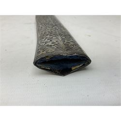 Indian Khanjar dagger with 28cm curving damascus steel blade inlaid with silver floral emblem, white metal and niello style grip in the form of a bird's head with pronounced beak and matching scabbard L44cm overall