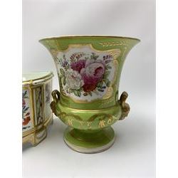 Continental campagna vase, circa 1900, with twin mask handles, the body decorated with panels of floral sprays and heightened with gilt upon a lime green ground, with spurious Derby type mark beneath, H20cm, together with a Continental bough pot decorated with floral sprays, L24cm