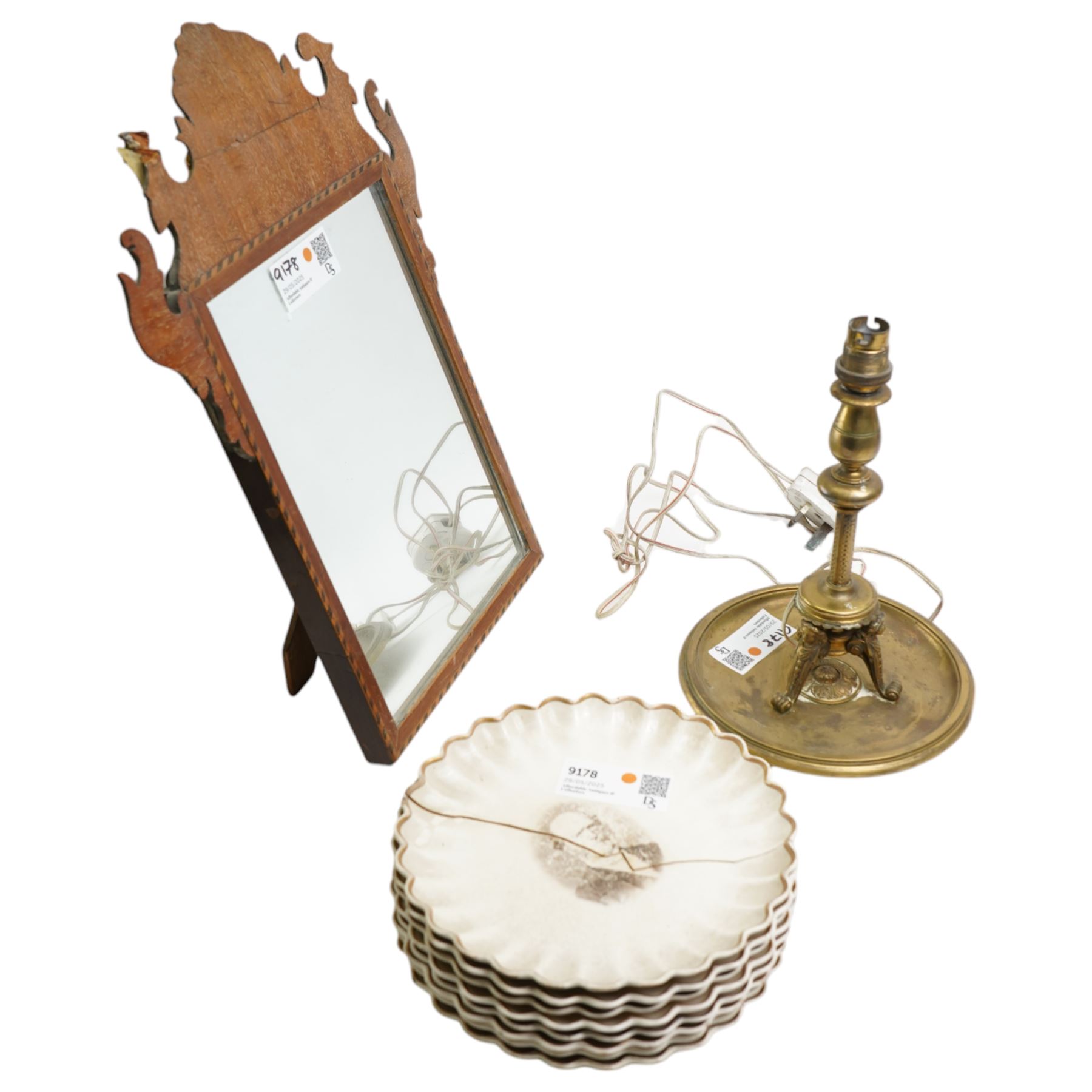 Set of seven Copeland plates retailed by John Mortlock, scalloped and decorated with portraits of gentlemen; together with an early 19th century Mahogany wall mirror, with a later easel stand, H44cm, and Brass table lamp, of antique design with classical figures on a circular base, H29cm