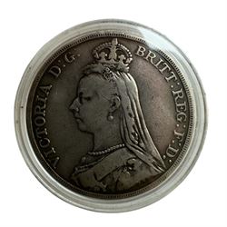 Three Queen Victoria silver crown coins, dated 1845, 1889 and 1893, housed in a case as 'The Queen Victoria Silver Crown Collection' with Westminster certificate