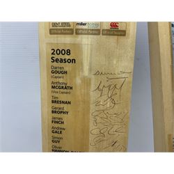 Two signed Yorkshire County cricket bats, from 2007 and 2008 seasons, bearing signatures including Darren Gough, Jason Gillespie, Younus Khan, Michael Vaughn and Tim Bresnan, etc