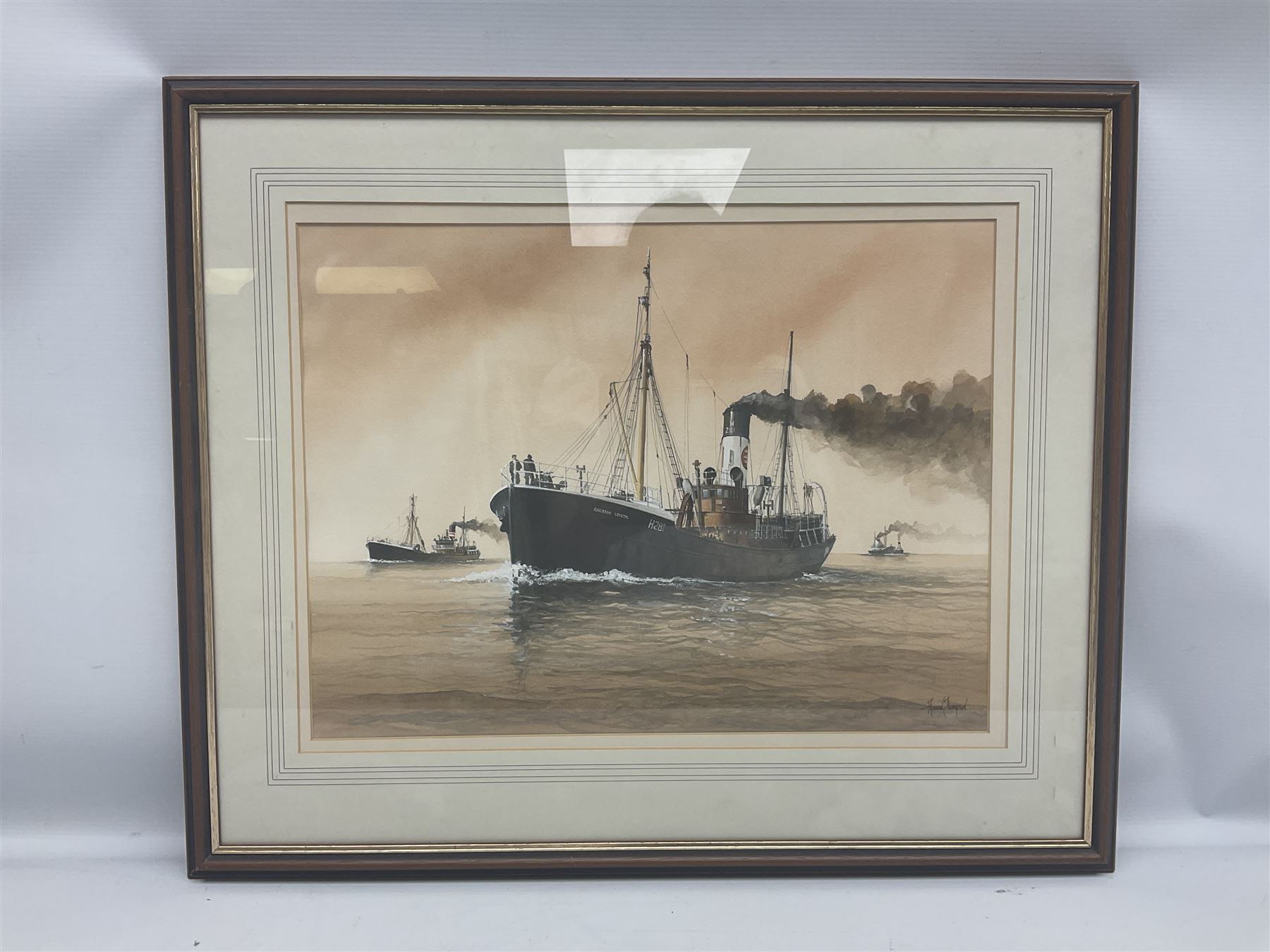 Adrian Thompson (British 1960-): 'Evening Tide' Steam Trawlers in the Humber, watercolour signed, titled and dated '93 verso with artist's address label 34cm x 46cm  