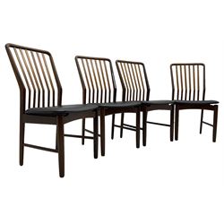 Svend Aage Madsen for Moreddi - set of four teak dining chairs, angular vertical slat back over upholstered seat, on turned front supports 
