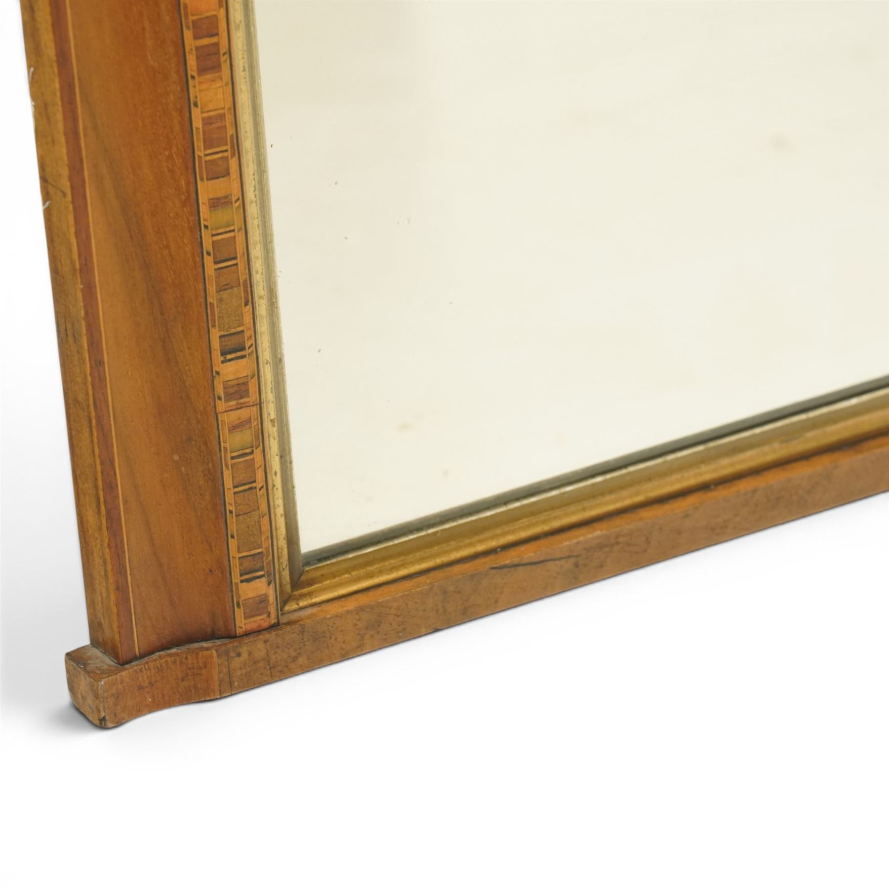 Victorian inlaid walnut Tunbridgeware overmantel mirror, rectangular frame with rounded top corners, the original rectangular plate within a gilt slip, surrounded by Tunbridge ware style inlays