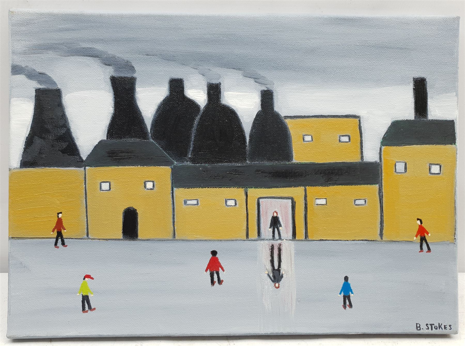 Barry Stokes (Northern British Contemporary): 'Pottery Factory', oil on canvas signed 25cm x 35cm