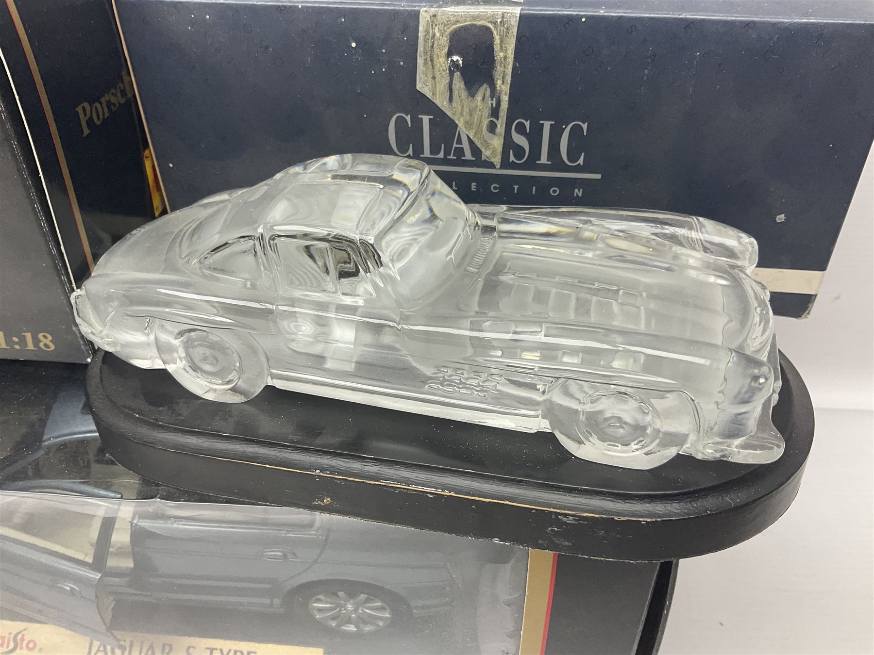 Three Maisto Special Edition 1:18 scale die-cast models - Porsche 550A Spyder, Jaguar 'S' Type and Ferrari 550 Maranello; all boxed; five other unboxed Maisto/Bburago 1:18 scale models; and two Classic Collection lead crystal models of Classic Cars (10)
