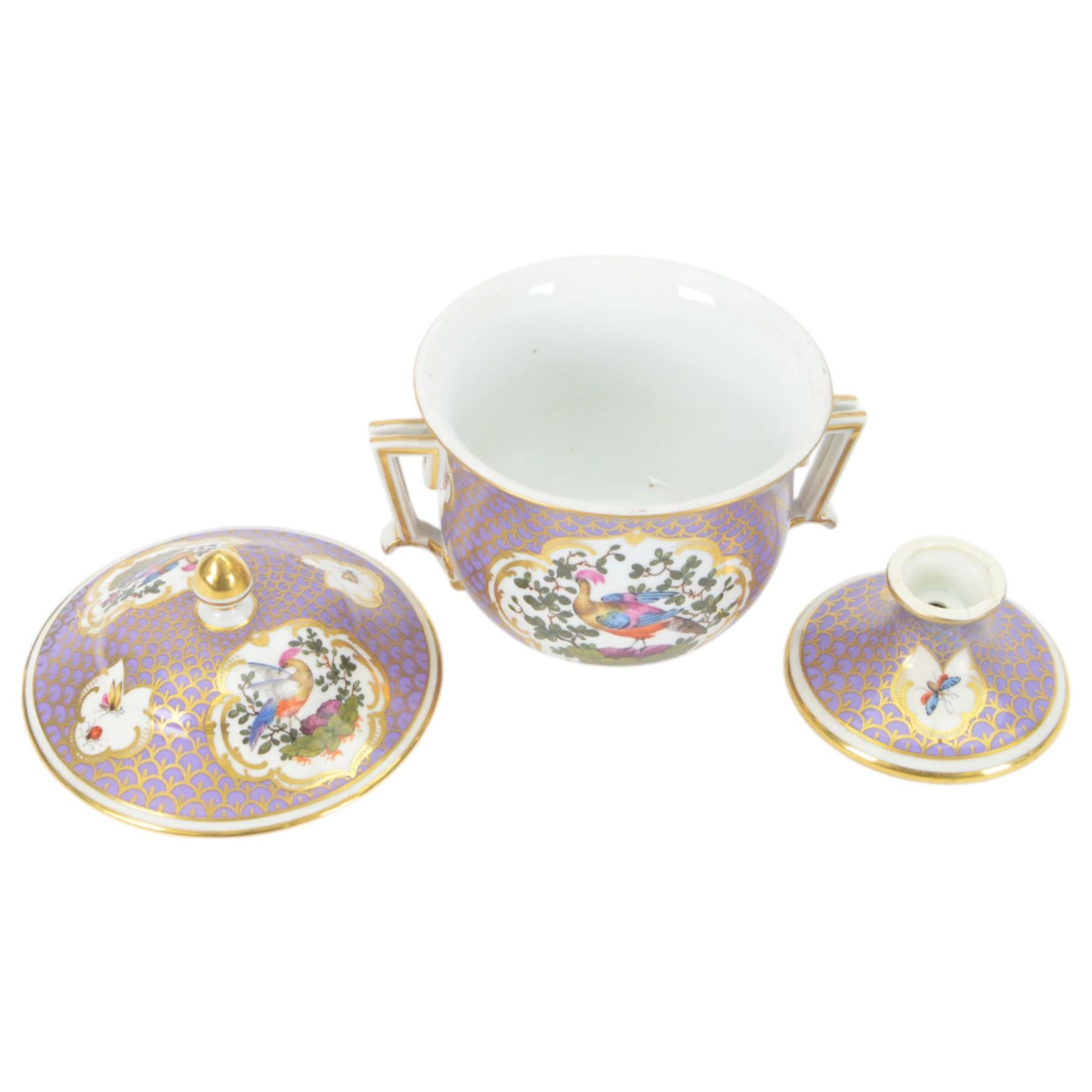 19th century twin handled cup and cover, the pedestal cup decorated with panels of exotic plumed birds in the manner of Giles, against a purple and gilt scale ground, the cover similarly decorated, H19cm