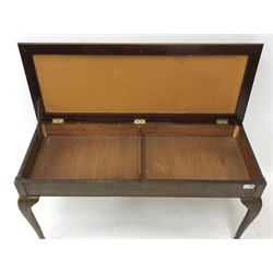 Early 20th century mahogany duet piano stool, upholstered hinged seat enclosing storage compartment, on cabriole supports, W95cm, H52cm, D38cm