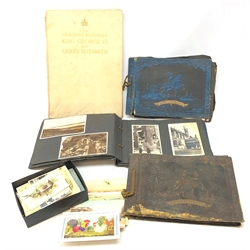  Three photograph albums containing Edwardian and later postcards and photographs including RP and printed British and foreign topographical, WW1, comic etc, quantity of loose postcards and greeting cards and George VI Coronation book  