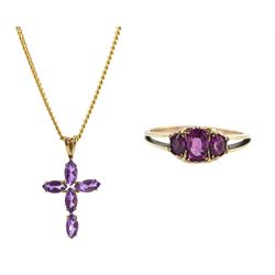 Gold amethyst cross pendant necklace and a gold amethyst ring, all 9ct hallmarked or tested