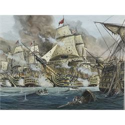 John Cooper (British 1942-): 'HMS Victory at the Battle of Trafalgar 21st October 1805',  watercolour signed, titled on the mount 27cm x 35cm