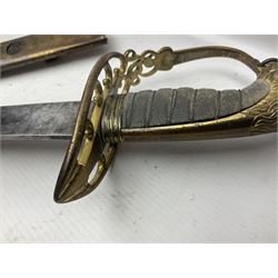 George III 1803 pattern Infantry officer's scimitar, the 66cm curving blade with traces of engraving, pierced brass hilt with knucklebow, GR Royal cypher and wire-bound fish skin grip with lion head pommel; in leather scabbard with three ornate brass mounts, one inscribed 'Goldneys late Neild St. James's Street Sword Cutler to HRH the Prince of Wales', L79.5cm overall