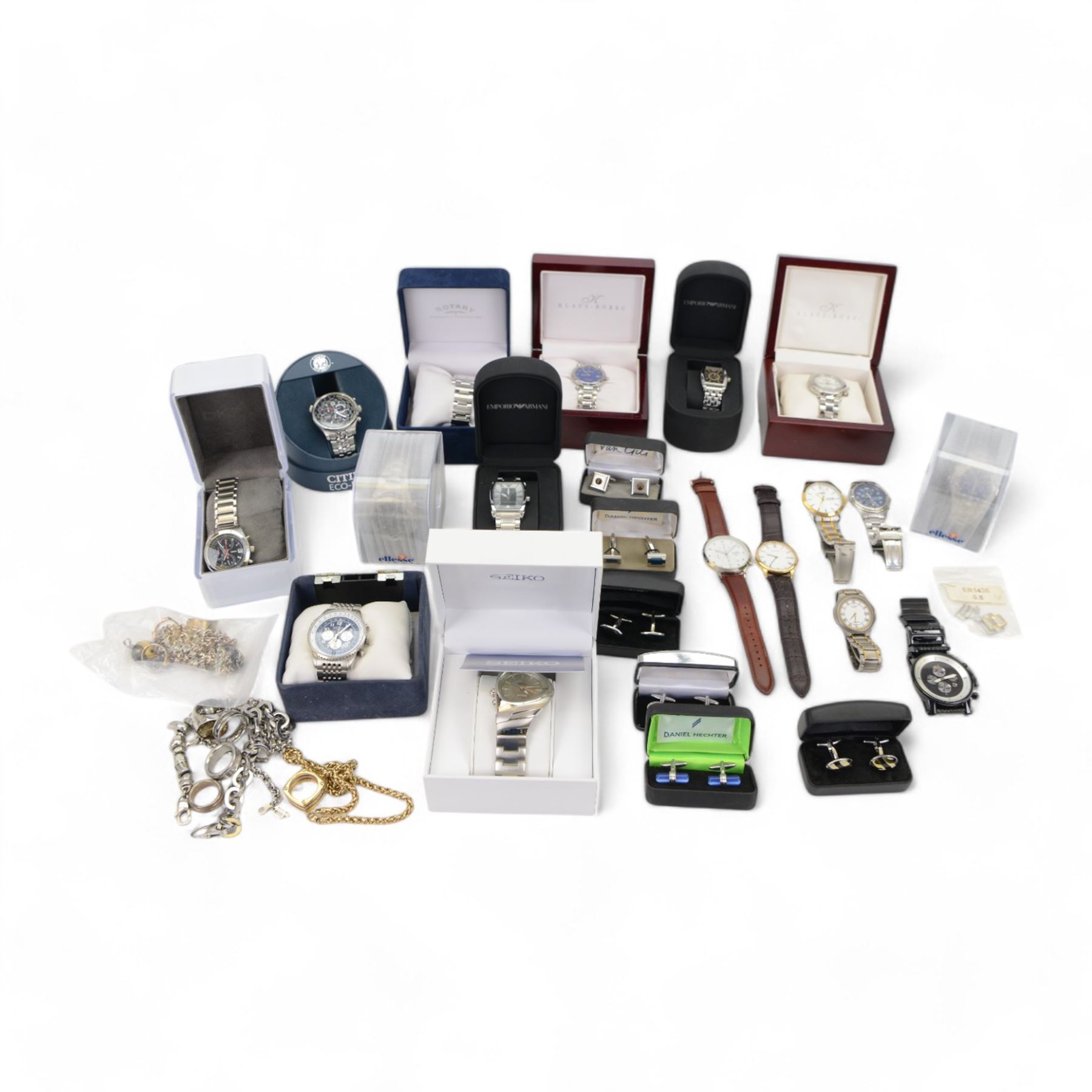 Collection of wristwatches including Seiko Kinetic, Citizen Eco-Drive, Rotary, DKNY, Emporio Armani, Sekonda, Lorus and Klaus-Kobec, silver dragon ring, other silver rings and two silver necklaces and a collection of costume jewellery