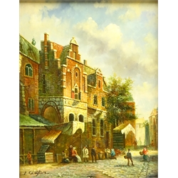 'Mechelen St Rumbold's Cathedral' and 'Oudewater Market', two 20th century oils on panel signed by L. Clayton 25.5cm x 20cm (2)  