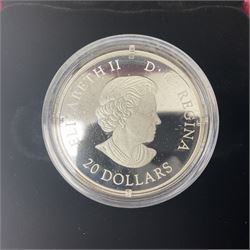 Five Royal Canadian Mint fine silver twenty dollar coins, comprising 2016 'The Universe Glow-in-the-Dark Glass with Opal', two 2018 'Her Majesty Queen Elizabeth II's Maple Leaves Brooch', 2019 'Lest We Forget' and 2022 'Canada's Unexplained Phenomena The Yukon Encounter', all cased with certificates