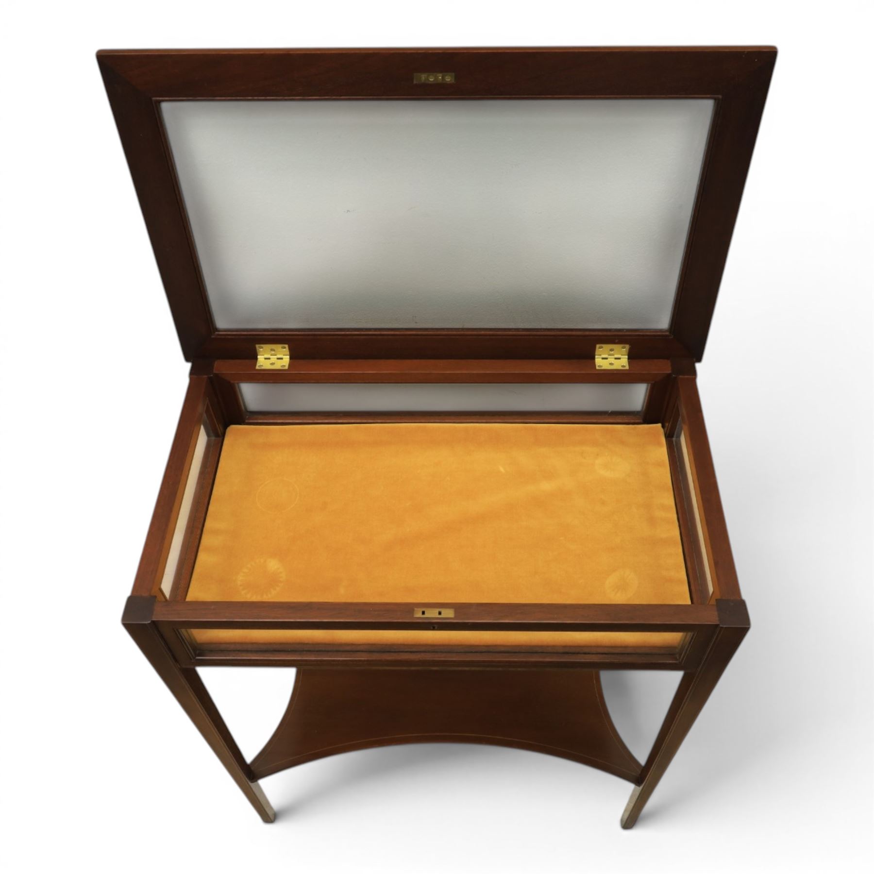 Edwardian inlaid mahogany bijouterie display table, square tapering supports inlay, orange baize lining shaped undertier
