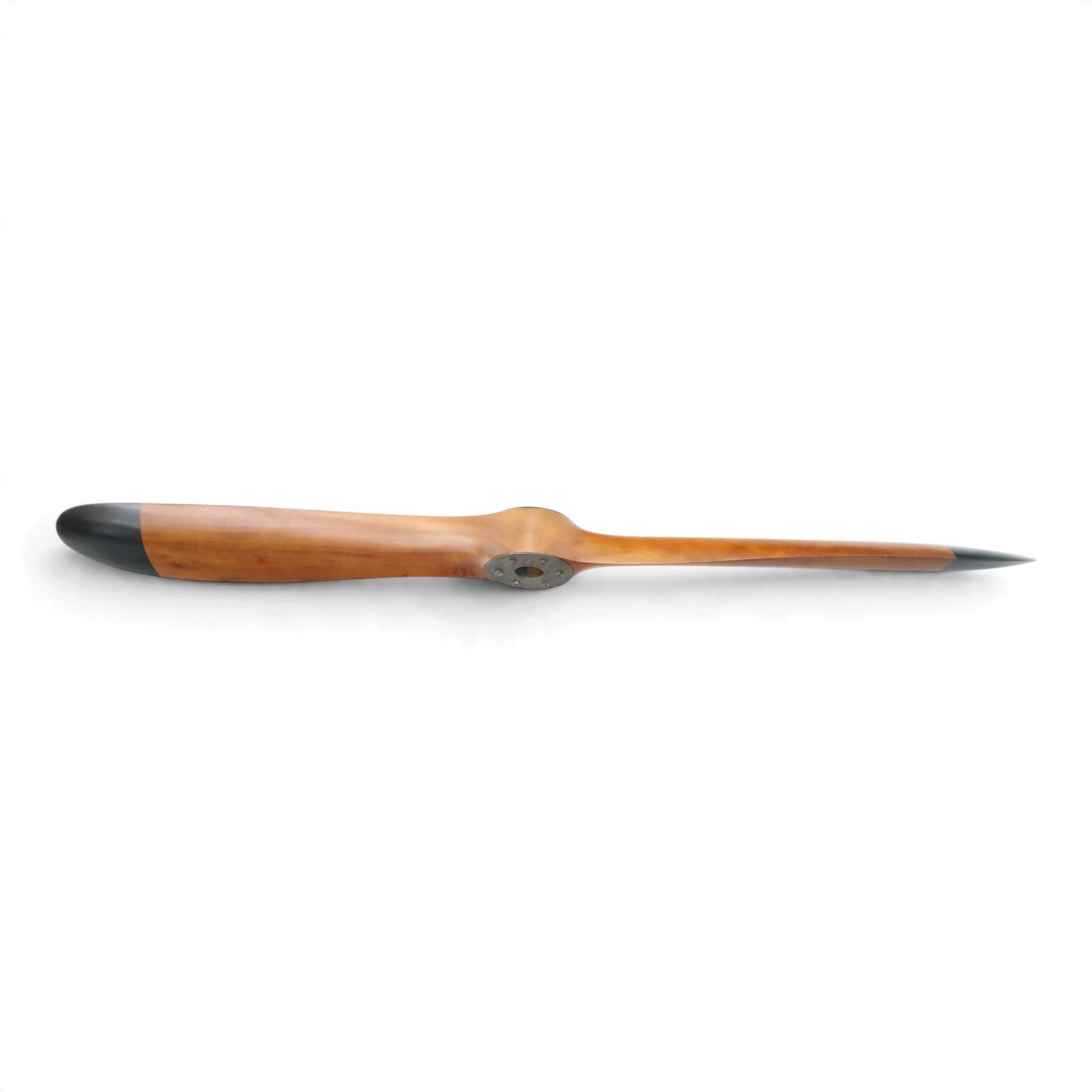 Aviation design two-blade mahogany propeller, shaped blades with black painted ends, central mounting aperture within a circular six-bolt metal hub plate