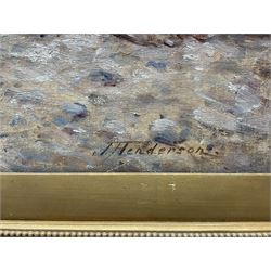 Joseph Henderson RSW (Scottish 1832-1908): ’Cleaning the Nets’ with a Rowing Boat on the Shore, oil on canvas signed, titled on the stretcher 70cm x 111cm