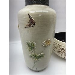 Bretby vase, of baluster form, with fluted and chain link decoration upon an ivory ground, together with a similar Bretby bowl, decorated with a band of roses upon an ivory ground, both with impressed marks beneath, and one other vase, with relief floral decoration and pewter cased rim, tallest H33cm