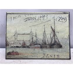 Jack Rigg (British 1927-2023): Preliminary sketch for 'London River', ink and watercolour signed, variously inscribed with reference image verso 19cm x 25cm (unframed)