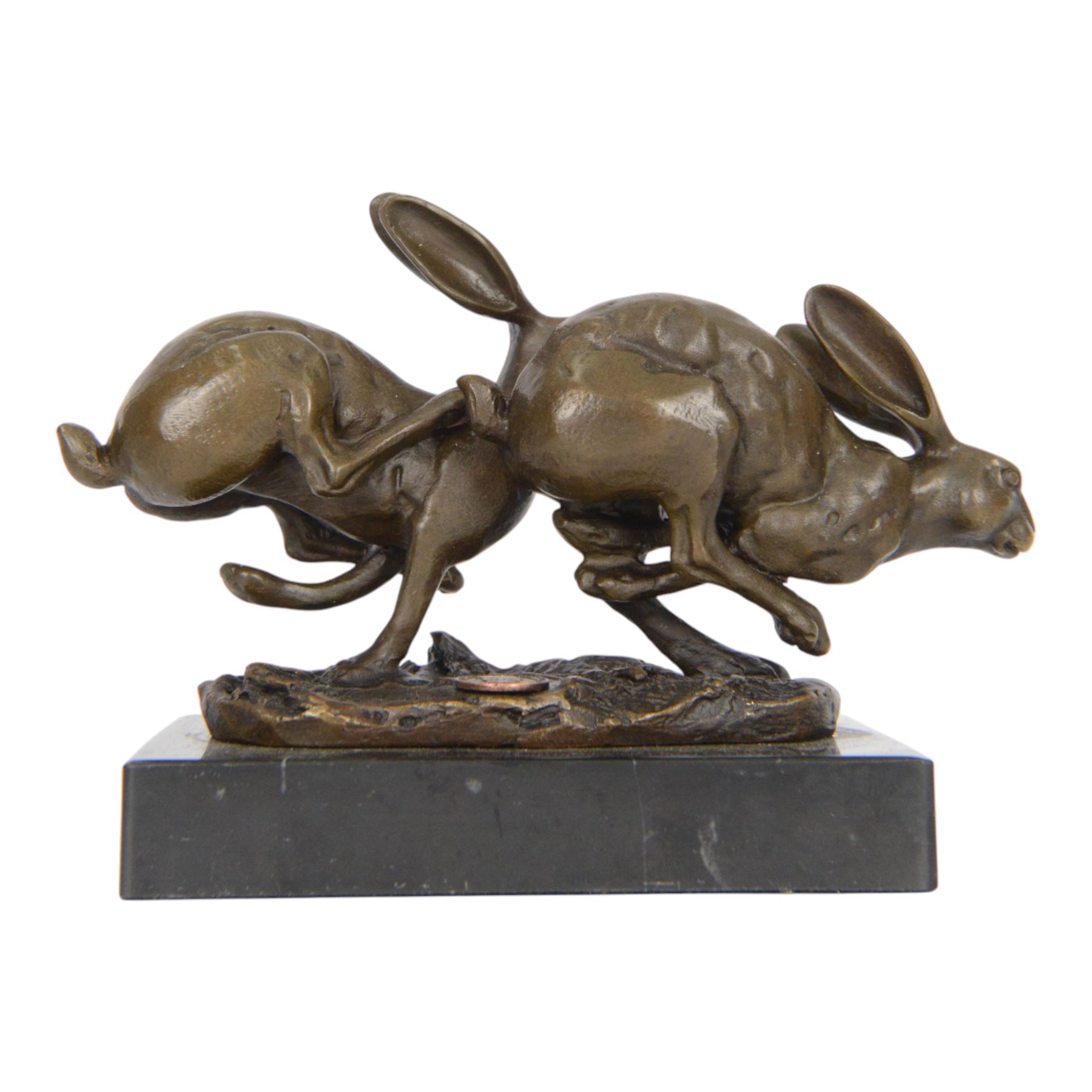 Bronze figure group, modelled as two hares in chase, signed Nick, with foundry mark, upon a rectangular base, H11cm L15cm