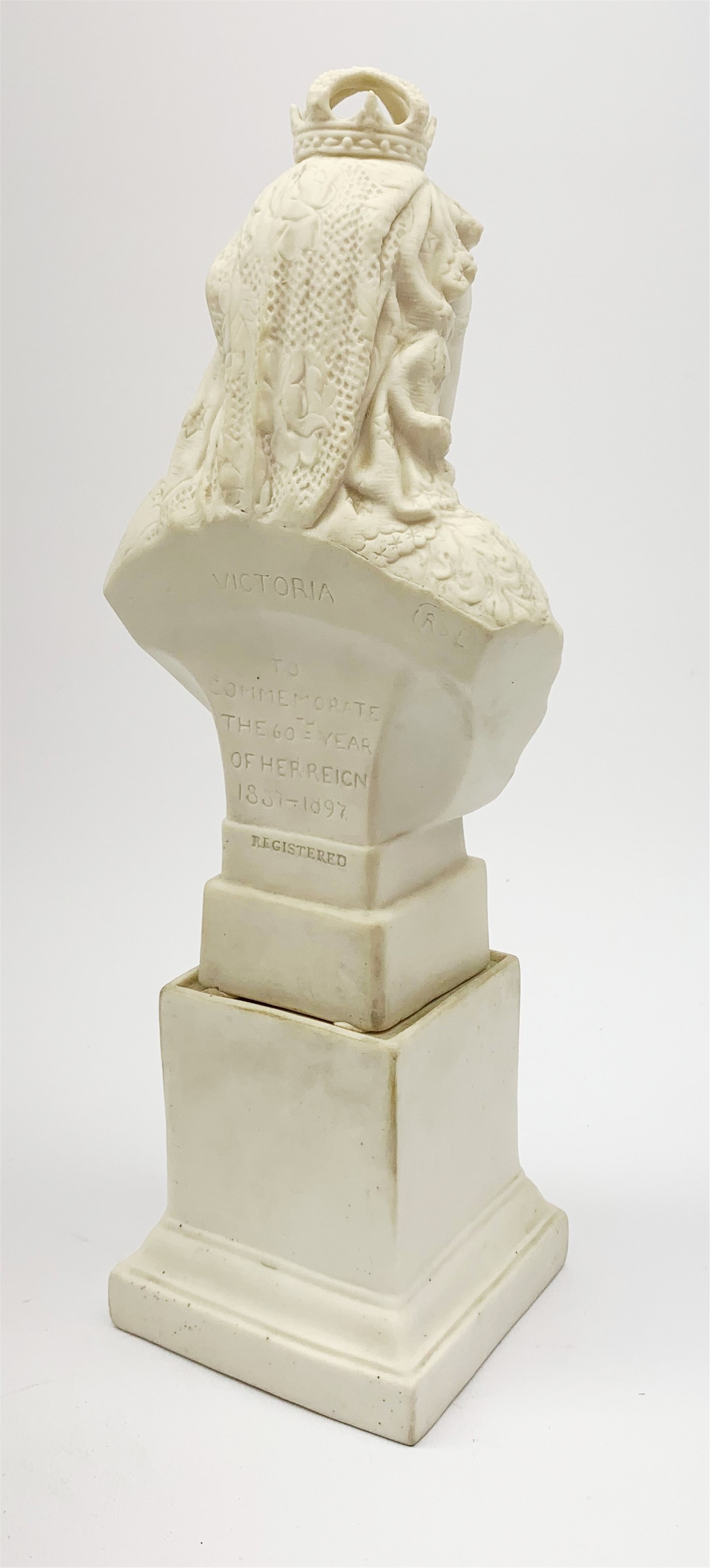 A Robinson and Leadbeater Parian Ware bust, modelled as Queen Victoria, raised upon plinth base detailed in gilt Victoria 1837-1897, and impressed verso Victoria, To Commemorate the 60 year of her reign 1887-1897, with impressed makers mark, H30cm. 