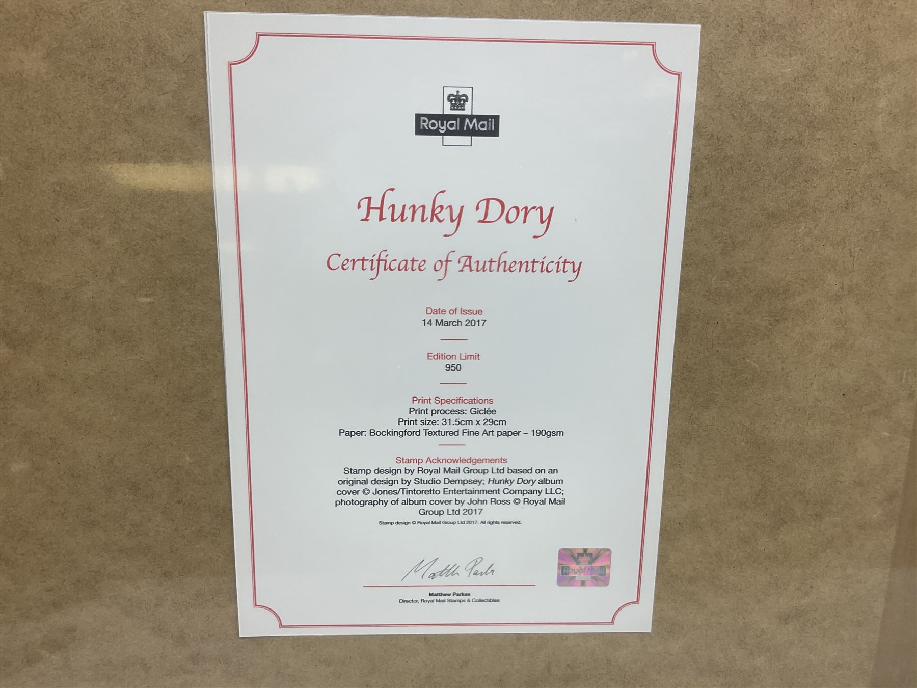 Set of three Royal Mail David Bowie limited edition album stamp prints, comprising  Ziggy Stardust Tour, Hunky Dory and Earthling, all framed and in original packaging, H43cm W43cm