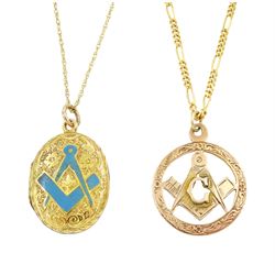 9ct gold masonic pendant and a 12ct gold blue enamel Masonic locket pendant, both on later 9ct gold chain necklaces