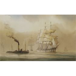 David C Bell (British 1950-): Steam and Sailing Vessels in Calm Waters, watercolour signed 31cm x 50cm
