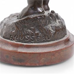 After Rousseau - Pair of bronze figures of cherubs, one holding a toy elephant, the other originally with an artists board on marble bases H23cm