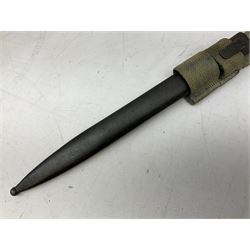 Italian Model 1891 Carcano knife bayonet with 30cm fullered steel blade, the cross-piece stamped VL1110; in steel scabbard with webbing frog L43cm overall; and another Italian fighting knife/bayonet in brass bound leather scabbard (2)