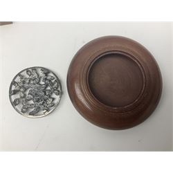Two Mauchline ware boxes, comprising case modelled as a book depiciting The Ancient Entrance Gate, Stirling Castle, and lidded jar depicting Hythe Church, The Crypt, together with Russian lacquer box and other wood pot pourri bowl